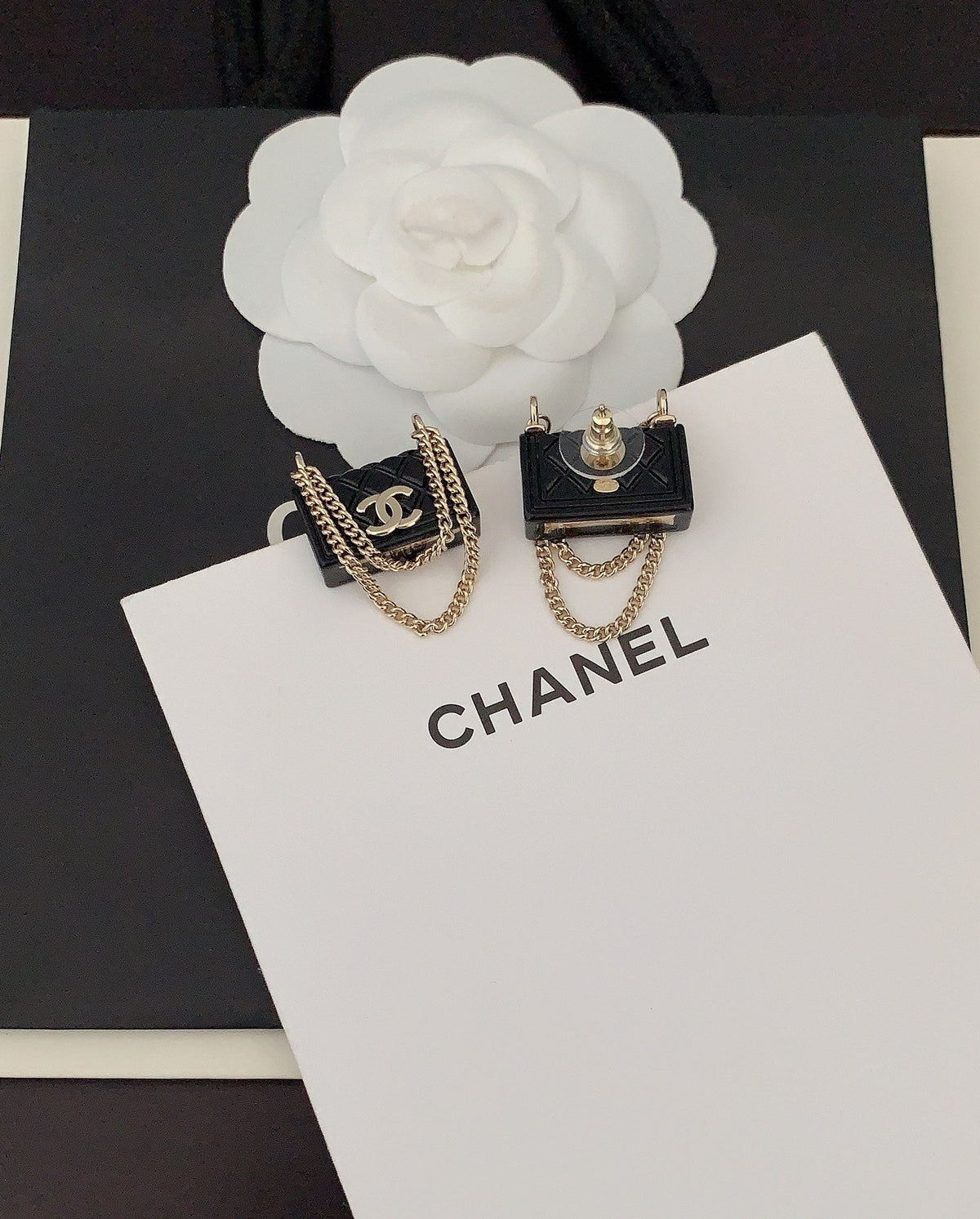18K  Chanel Black Bag Pendant Earrings